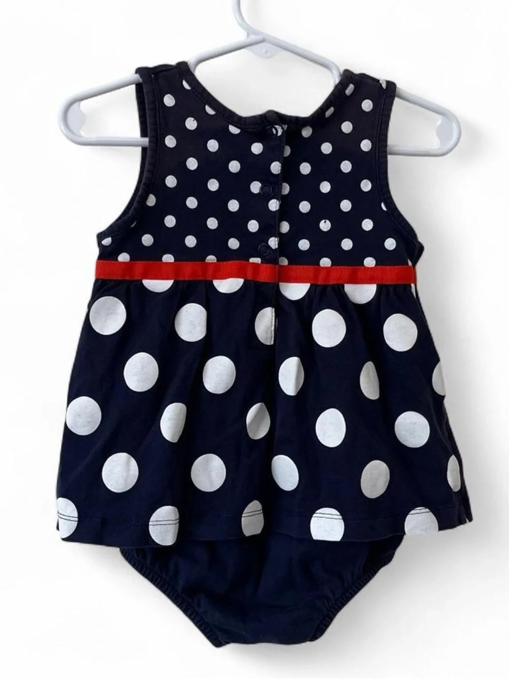 18M Bubble Romper Sunsuit Carters Girls Navy Blue White Polka Dot Red Sash Bow